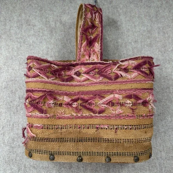 VTG Handmade Burlap Yarn Embroidered Tote Bag Geometric Stitched Pink Brown Boho - Picture 4 of 16